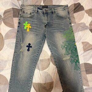 Chrome Hearts Slim Fit Stretch Denim Cross Patch Jeans Light Wash Size 36